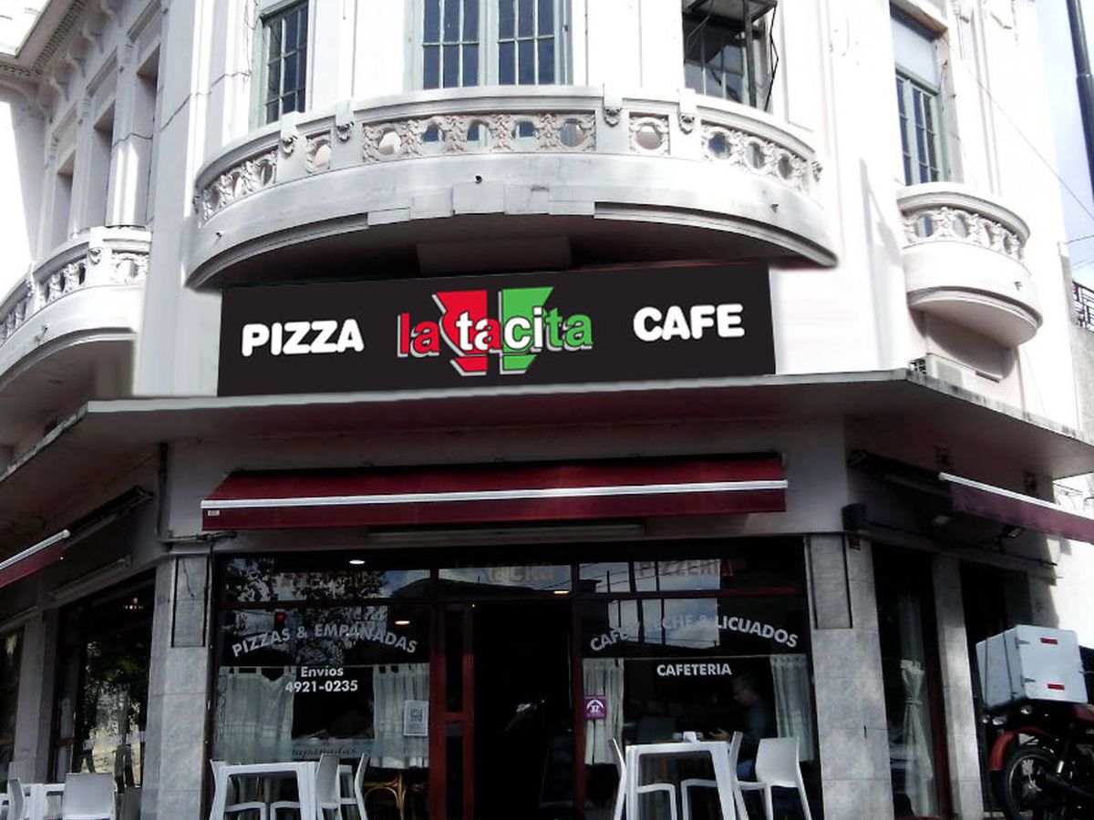Marquesina nueva de La Tacita: fondo negro con Pizza, logo y Café